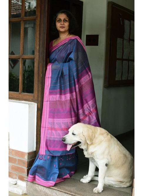 Bluish Grey, Handwoven Organic Cotton, Textured Weave , Jacquard, Work Wear, Butta Saree